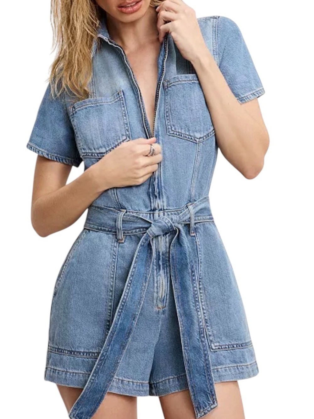 Good American Fit for Success Lite Linen Short Denim Romper Size Small